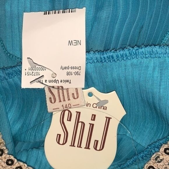 Sleeveless Teal Pleated Dress With Sequin Collar - Picture 2 of 10